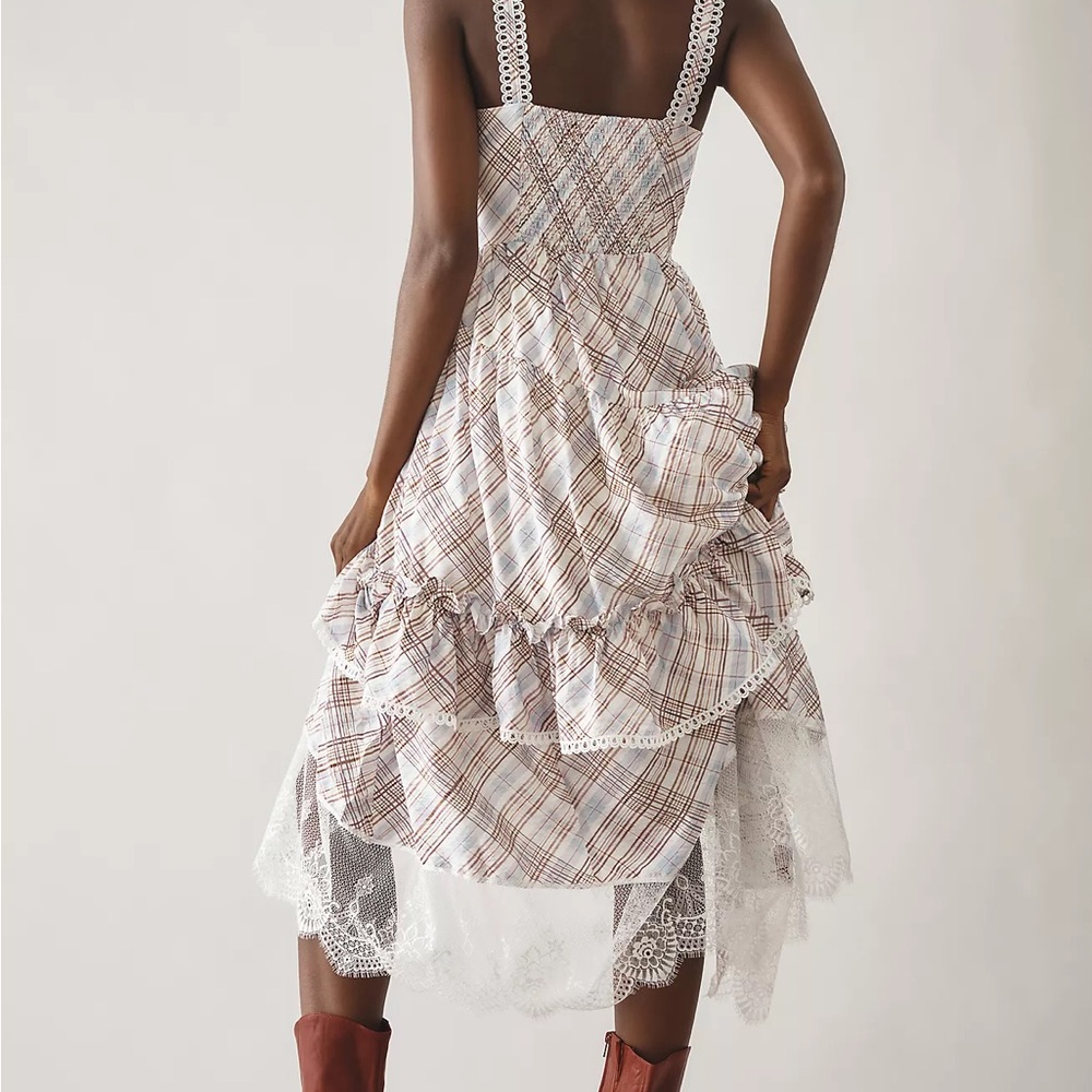 Anthropologie The Bobbi Plaid Lace-Trim Ruffle Midi Dress in White & Brown Large - Picture 2 of 7